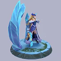 Magical Character In Blue Gold Clothing Standing With Ice Elemental Creature Blue Crystal Structure Holding Staff