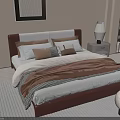 Modern Double Bed With Leather Frame Multiple Pillows Bedside Table Lamp And Rug 3d model