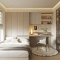 Modern Tatami Bedroom Interior With Bed Desk Chair Table Lamp And Wooden Cabinets