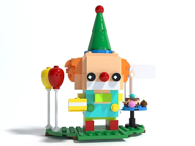 Colorful Building Blocks Clown Figure With Balloons And Party Cake 3d model