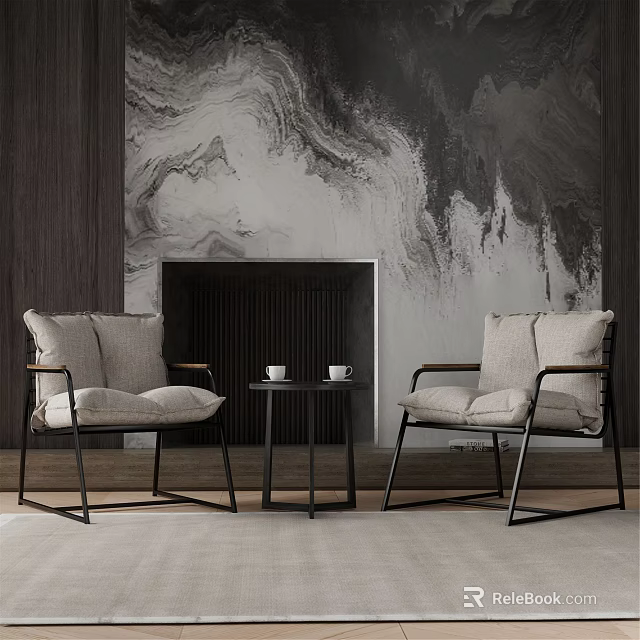 Casual Sofa Set with Two Armchairs Coffee Table Fireplace and Marble Mural on Wooden Wall 3d model 