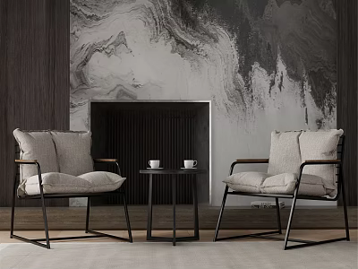 Casual Sofa Set with Two Armchairs Coffee Table Fireplace and Marble Mural on Wooden Wall 3d model