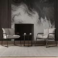 Casual Sofa Set with Two Armchairs Coffee Table Fireplace and Marble Mural on Wooden Wall