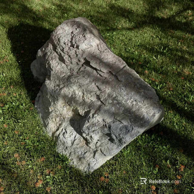 Large Gray Rock With Rough Surface And Cracks On Green Grass Field 3d model 