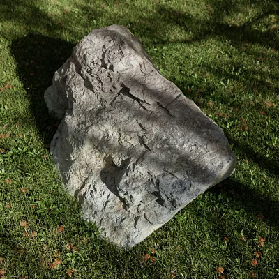 Large Gray Rock With Rough Surface And Cracks On Green Grass Field 3d model