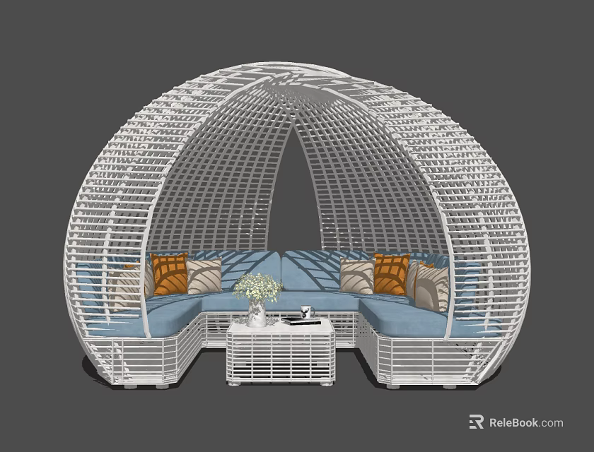 Outdoor Wicker Sofa With White Frame Blue Cushions Orange Beige Pillows And Coffee Table 3d model 