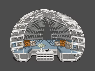 Outdoor Wicker Sofa With White Frame Blue Cushions Orange Beige Pillows And Coffee Table 3d model