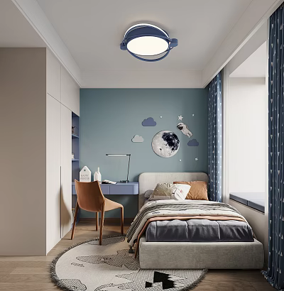 Kids Room Interior Design With Blue Walls Moon Star Decor Bed Desk Chair Window Curtains 3d model