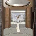 Modern Foyer Hallway With Circular Ceiling White Table Vase And Windows