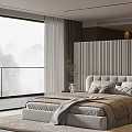 Modern Bedroom Interior Design With Large Glass Window Plush Bed Wooden Floor And Soft Rug