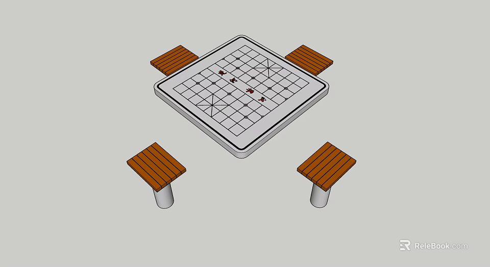 Square Grid Patterned Table with Four Wooden Stools and Metal Legs Design 3d model