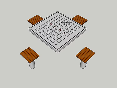 Square Grid Patterned Table with Four Wooden Stools and Metal Legs Design 3d model