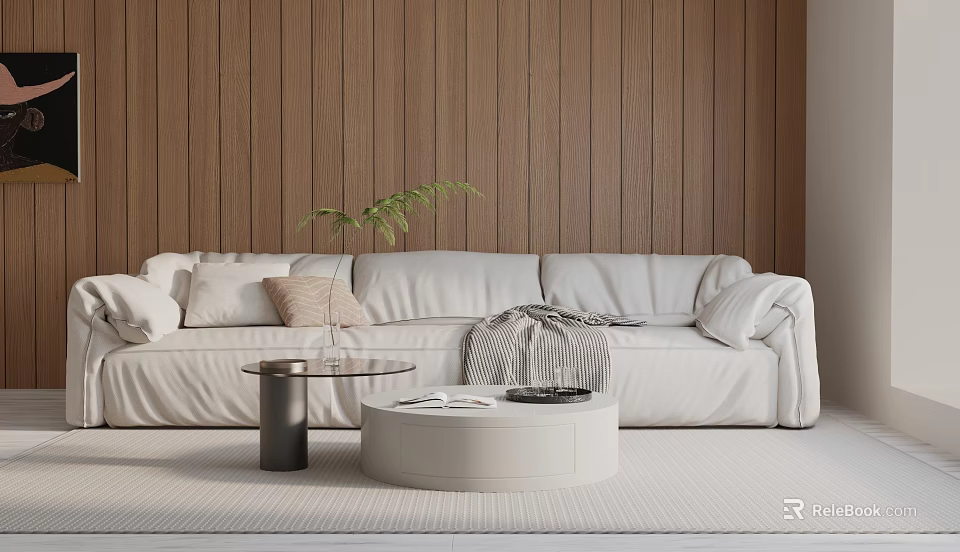 Modern Minimalist White Three Seater Sofa With Wooden Wall Pillows Throw Blanket And Coffee Tables 3d model 