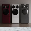 Modern Sleek Red White And Gray Washing Machines Arranged Side By Side