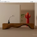 Wooden Stool in Modern Minimalist Interior with Black Vase Twig and Red Cactus