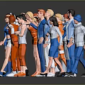 Group of People in Colorful Clothing Posing on Black Reflective Floor with Gray Background