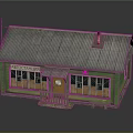 Small Green Building Model With Gray Roof Chimney Yellow Door And Windows