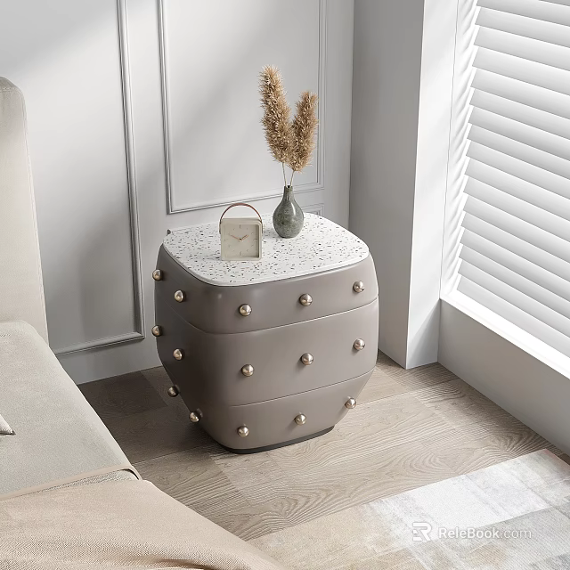 Elegant Gray Bedside Table With Three Drawers Metal Knobs Vase And Clock On Top 3d model