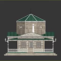 Traditional Building Featuring Green Dome Roof Wooden Structure and White Railings