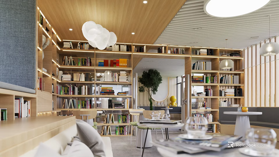 Artistic Library Interior With Bookshelves And Cozy Seating 3d model 