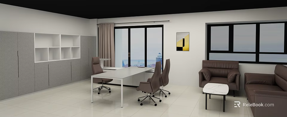Modern Office Workspace With White Desk Brown Chairs Large Windows Sea View And Leather Sofa 3d model 