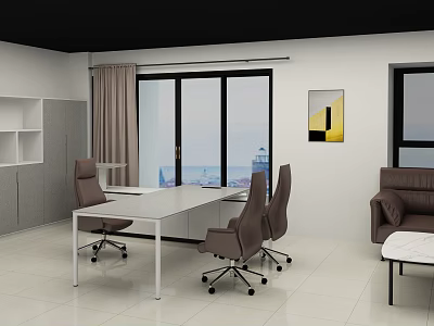 Modern Office Workspace With White Desk Brown Chairs Large Windows Sea View And Leather Sofa 3d model