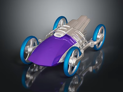 Toy Race Car With Purple Body Silver Parts And Blue Wheels On Reflective Background 3d model