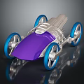 Toy Race Car With Purple Body Silver Parts And Blue Wheels On Reflective Background