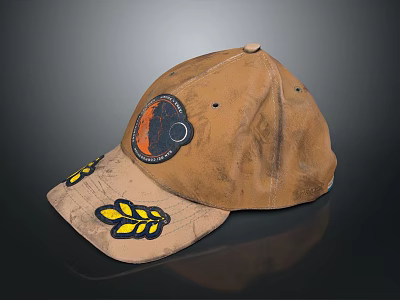 Brown Distressed Baseball Cap With Yellow Leaf Patch And Circular Orange Black Badge 3d model