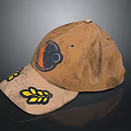 Brown Distressed Baseball Cap With Yellow Leaf Patch And Circular Orange Black Badge 3d model