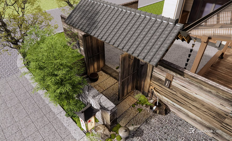 Traditional Japanese Wooden Entrance Gate With Tiled Roof Bamboo Plants And Stone Lantern 3d model 