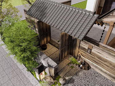 Traditional Japanese Wooden Entrance Gate With Tiled Roof Bamboo Plants And Stone Lantern 3d model