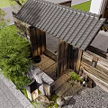Traditional Japanese Wooden Entrance Gate With Tiled Roof Bamboo Plants And Stone Lantern