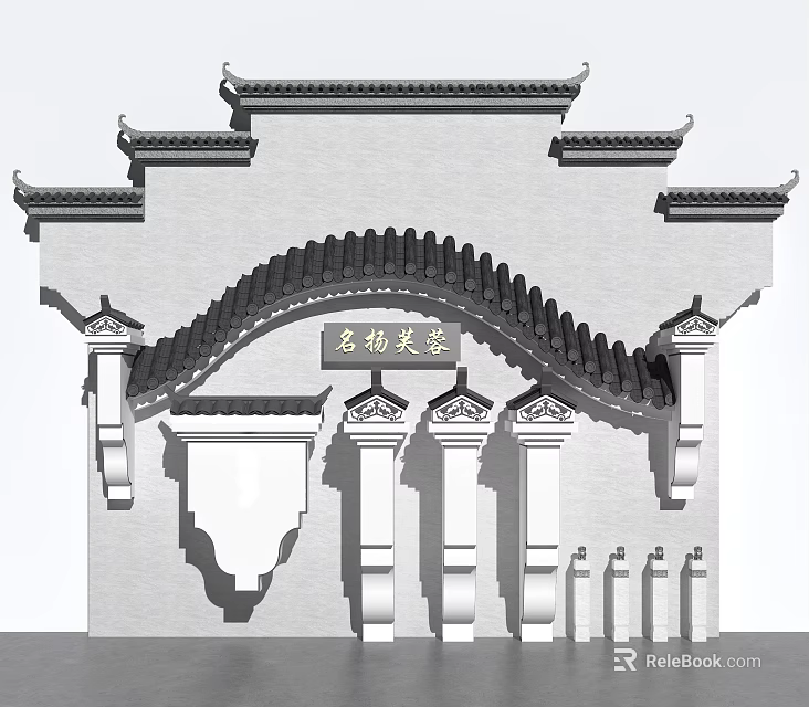 Traditional Chinese Landscape Wall with Curved Tile Roof Ornate Eaves and Carved Plaque 3d model 