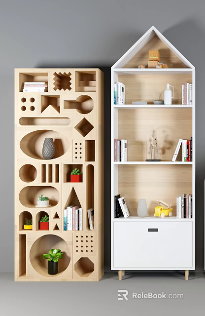 Unique Wooden Bookcase with Geometric Cutouts Shelves Drawer Decorative Items and Books 3d model 