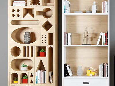 Unique Wooden Bookcase with Geometric Cutouts Shelves Drawer Decorative Items and Books 3d model