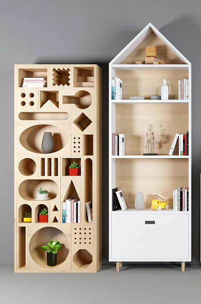 Unique Wooden Bookcase with Geometric Cutouts Shelves Drawer Decorative Items and Books 3d model