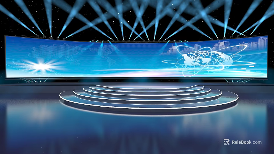 Elegant Modern Stage Featuring Blue Lighting Circular Steps And Globe Graphics 3d model 