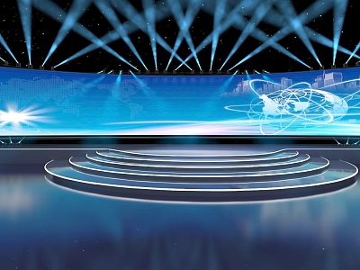 Elegant Modern Stage Featuring Blue Lighting Circular Steps And Globe Graphics 3d model