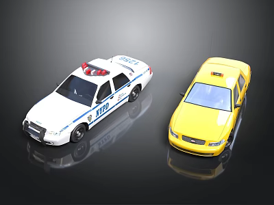 White Police Toy Car With Red Lights And Yellow Taxi Vehicle On Black Surface 3d model