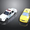 White Police Toy Car With Red Lights And Yellow Taxi Vehicle On Black Surface