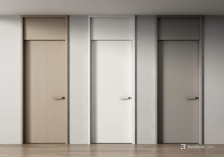 Three Modern Hinged Doors With Various Colors And Wooden Texture For Interior 3d model