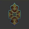 Decorative Shield Design With Wooden Texture Yellow Blue Border and Symmetrical Ornate Center