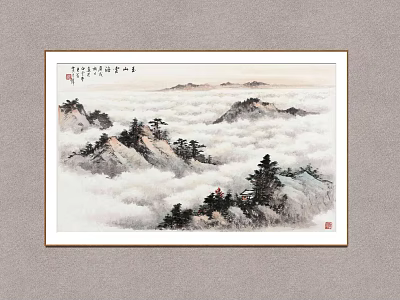 Traditional Chinese Landscape Painting With Misty Peaks Pine Trees And Clouds 3d model