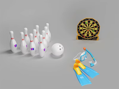 Assorted Sports Equipment With Bowling Pins Ball Dartboard Flippers And Snorkel 3d model