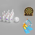 Assorted Sports Equipment With Bowling Pins Ball Dartboard Flippers And Snorkel