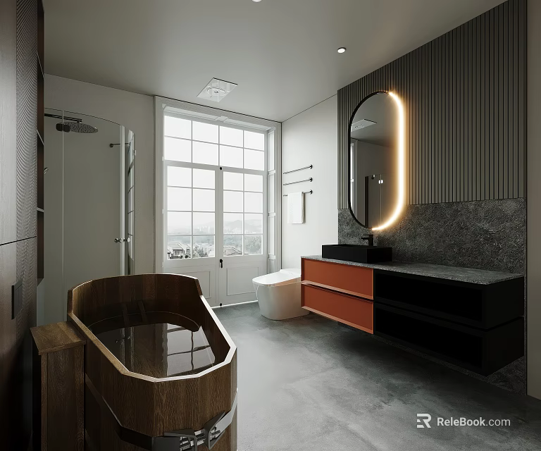 Modern Bathroom Interior With Wooden Bathtub Round Mirror Vanity Window And Grey Floor 3d model 
