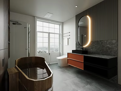 Modern Bathroom Interior With Wooden Bathtub Round Mirror Vanity Window And Grey Floor 3d model