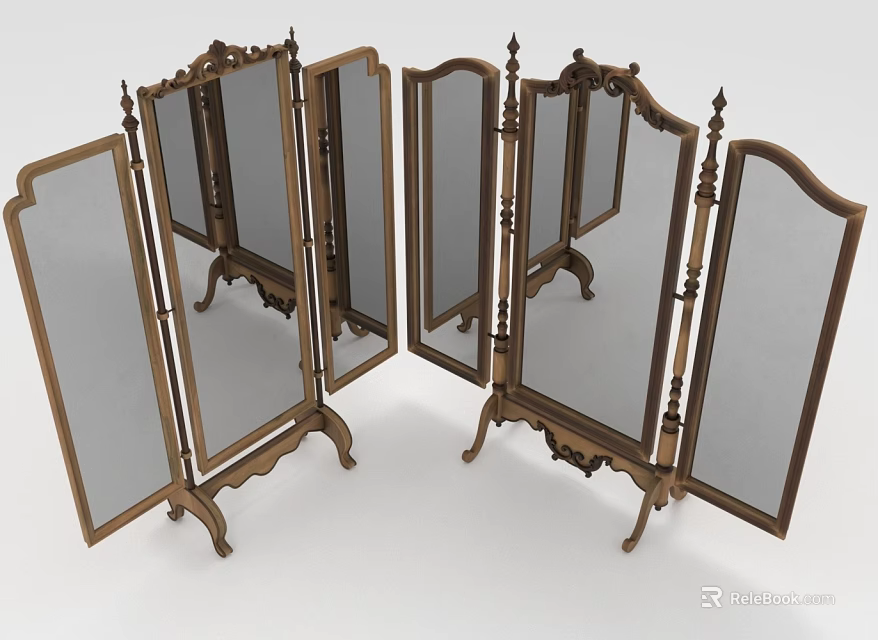 Wooden Folding Screen With Decorative Mirror Panels For Home Living Space 3d model 