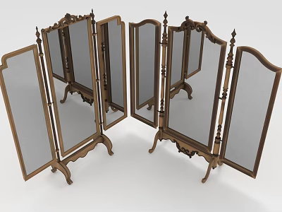 Wooden Folding Screen With Decorative Mirror Panels For Home Living Space 3d model
